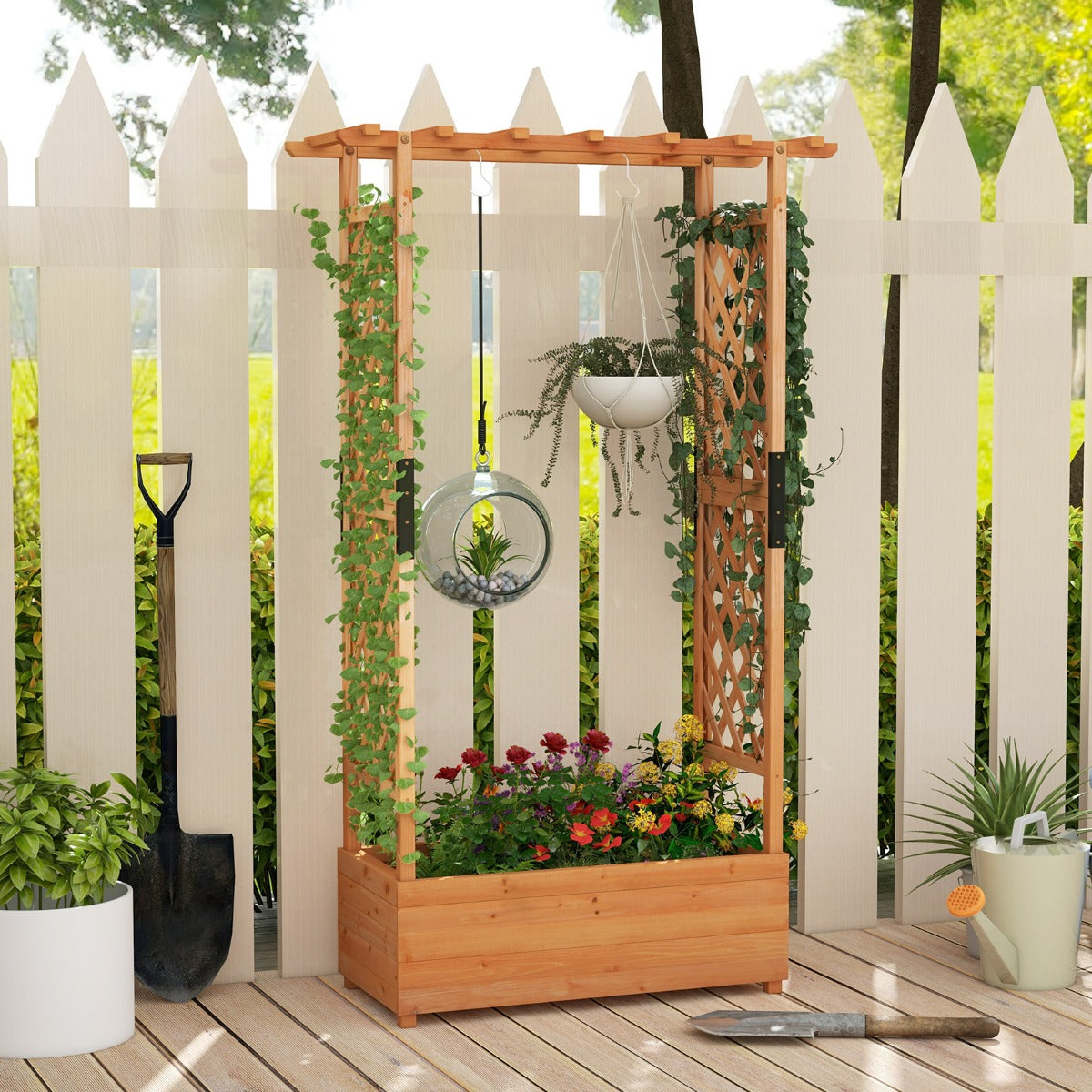 Vertical wooden planter adds natural charm to balconies, patios, porches, gardens and indoor spaces