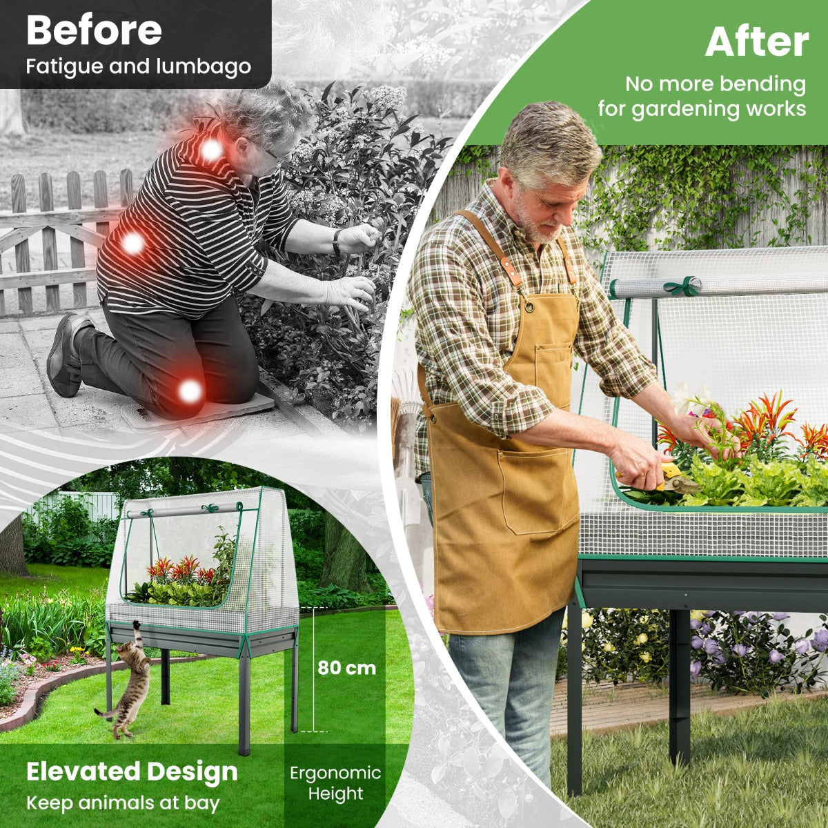 3-in-1 Raised Garden Bed with Greenhouse Cover and Trellis for Flower Herb Vegetable-Grey