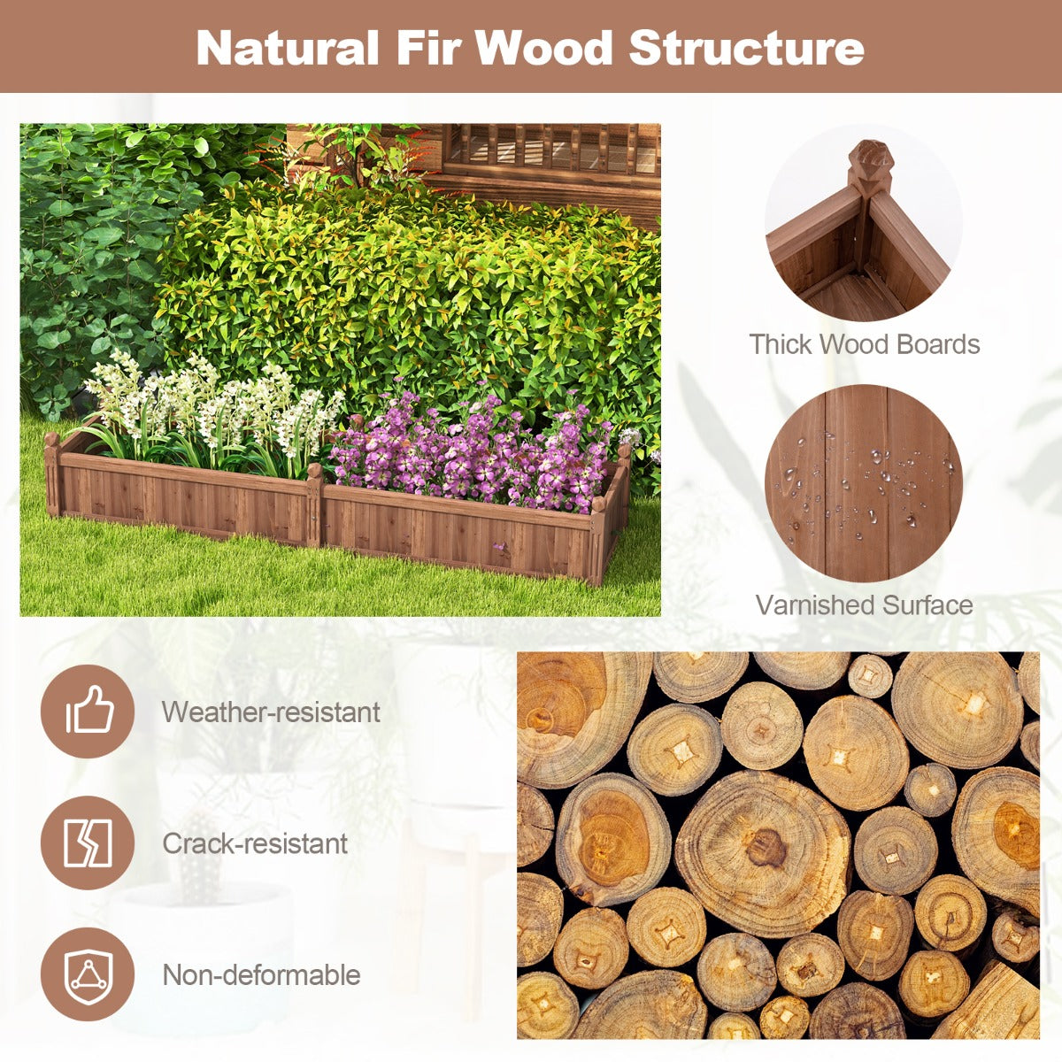Rustic garden bed with reinforced decorative corners helps prevent leakage and structural damage