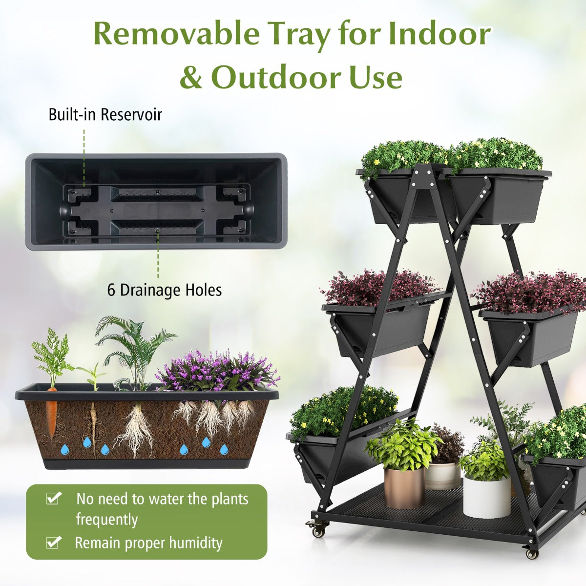 Large storage shelf keeps watering cans, scissors, shovels, fertilizers, and gardening tools organized