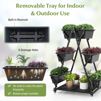 Large storage shelf keeps watering cans, scissors, shovels, fertilizers, and gardening tools organized