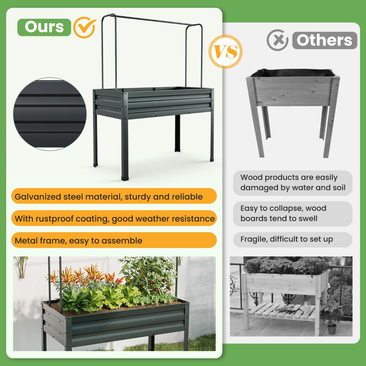3-in-1 Raised Garden Bed with Greenhouse Cover and Trellis for Flower Herb Vegetable-Grey