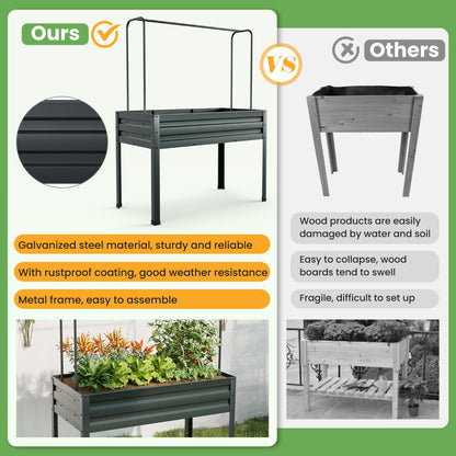 3-in-1 Raised Garden Bed with Greenhouse Cover and Trellis for Flower Herb Vegetable-Grey