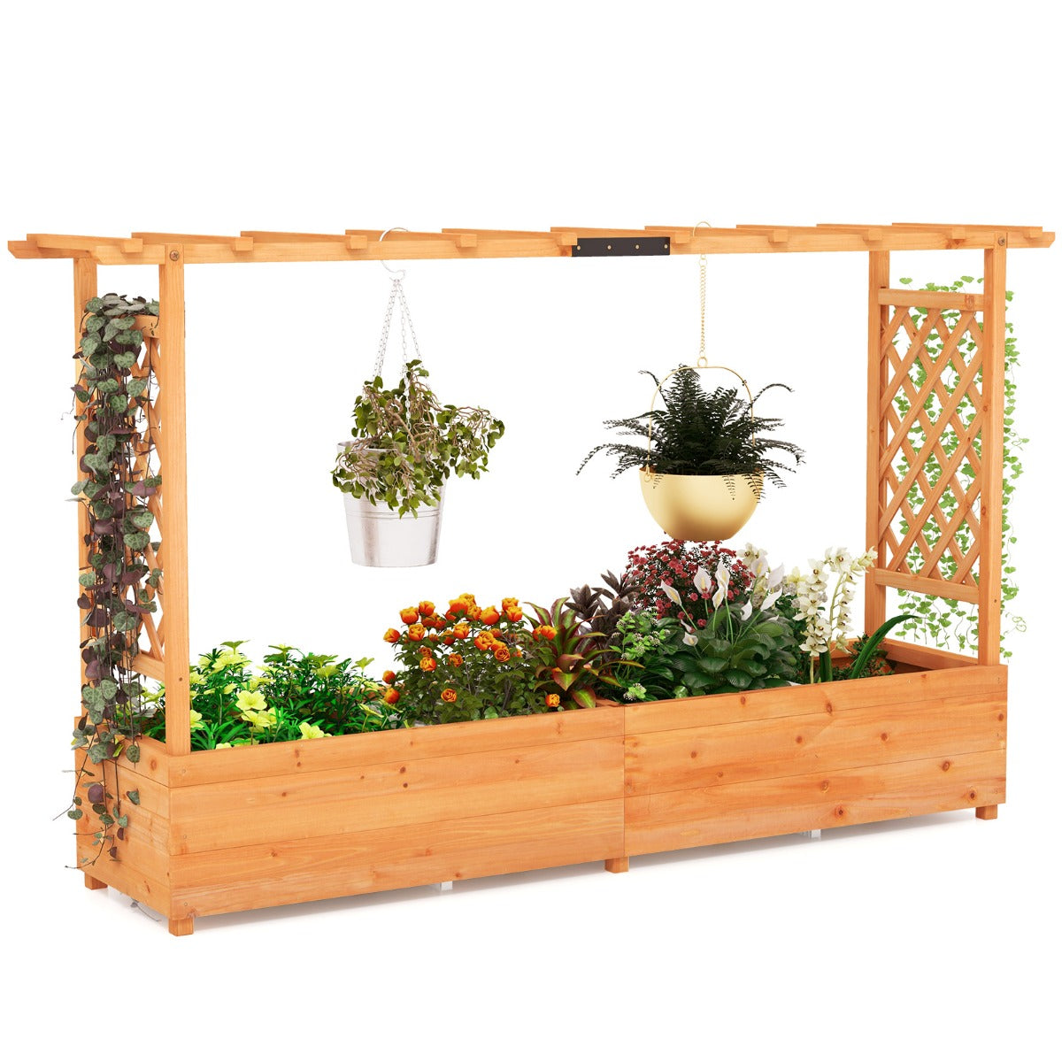Diamond lattice trellises and hanging roof create an attractive display for baskets and garden decorations