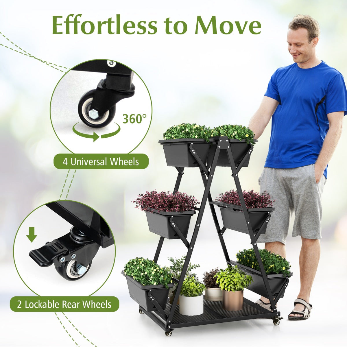 Four universal wheels make the freestanding planter easy to move around patios and balconies