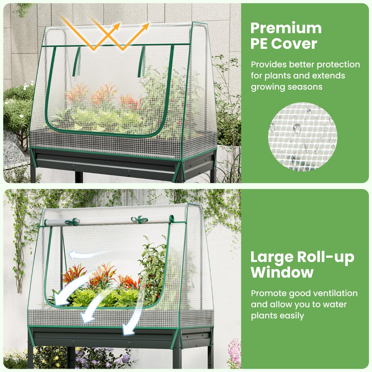3-in-1 Raised Garden Bed with Greenhouse Cover and Trellis for Flower Herb Vegetable-Grey