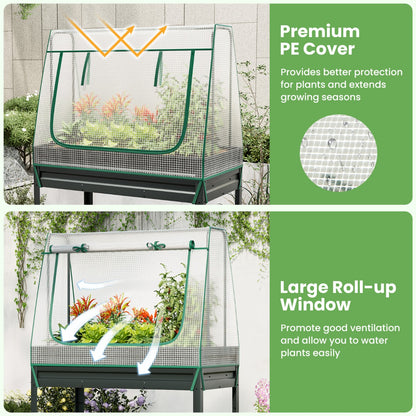 3-in-1 Raised Garden Bed with Greenhouse Cover and Trellis for Flower Herb Vegetable-Grey