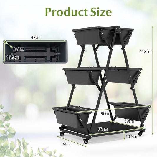 Three-tier elevated planter with six removable boxes for growing vegetables, herbs, flowers, and succulents
