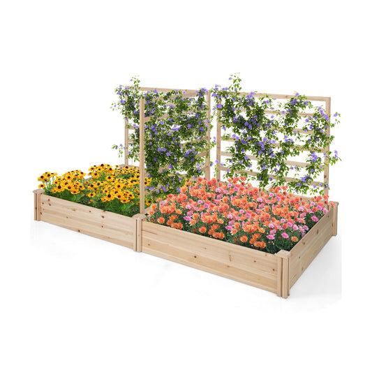 Costway Raised Garden Bed with 2 Planter Boxes and 3 Trellis for Garden Patio-Natural