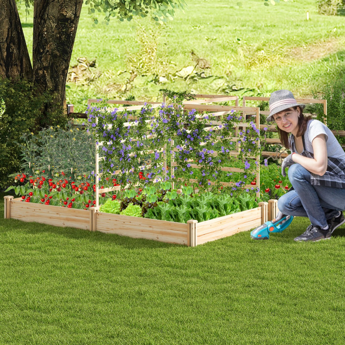 Costway Raised Garden Bed with 2 Planter Boxes and 3 Trellis for Garden Patio-Natural