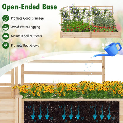 Costway Raised Garden Bed with 2 Planter Boxes and 3 Trellis for Garden Patio-Natural