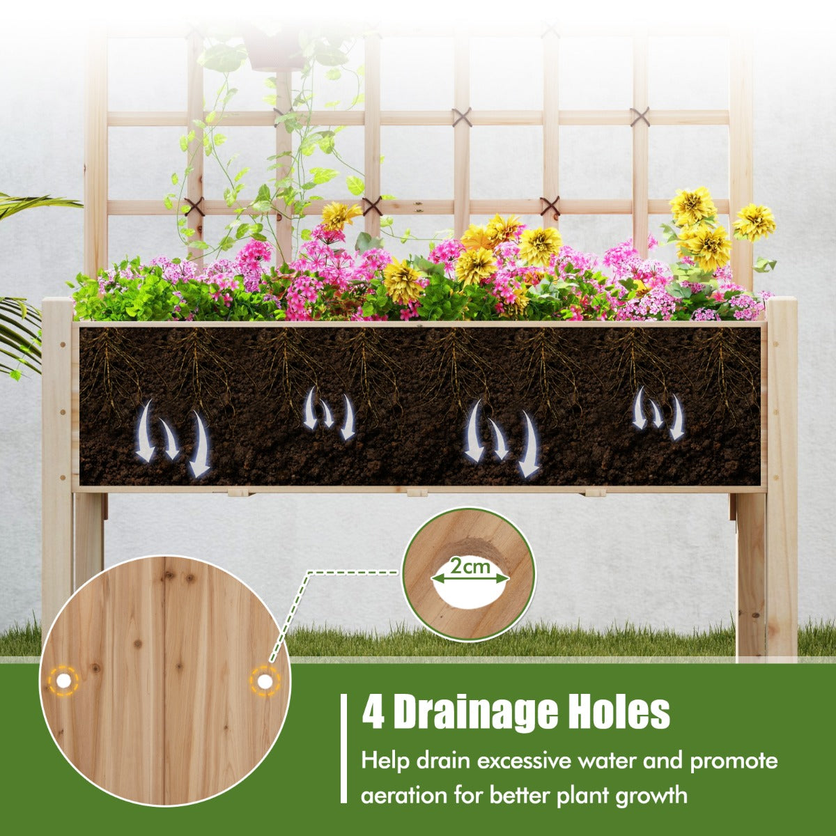 Raised Garden Bed with Lattice Trellis and Drainage Holes-Natural