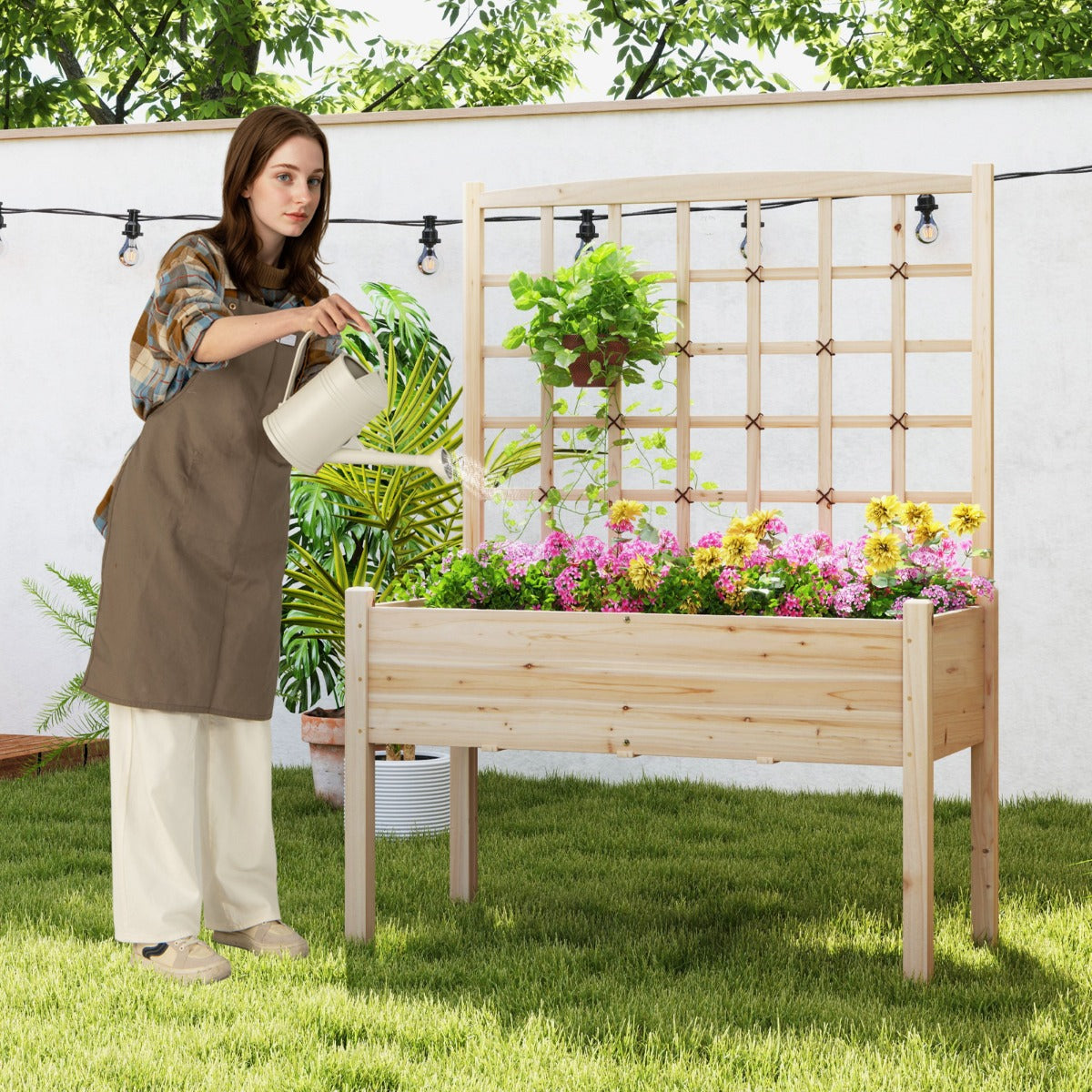 Raised Garden Bed with Lattice Trellis and Drainage Holes-Natural