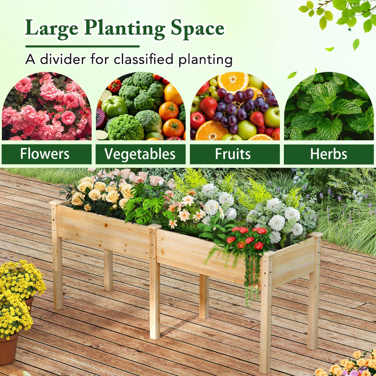 Raised Garden Bed with Legs Elevated Planter Box with Divider-Natural