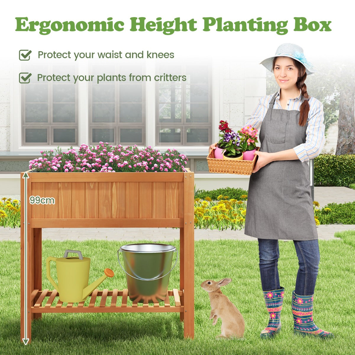 100 x 50 x 99 cm Raised Garden Bed with Storage Shelf for Backyard Garden-Brown
