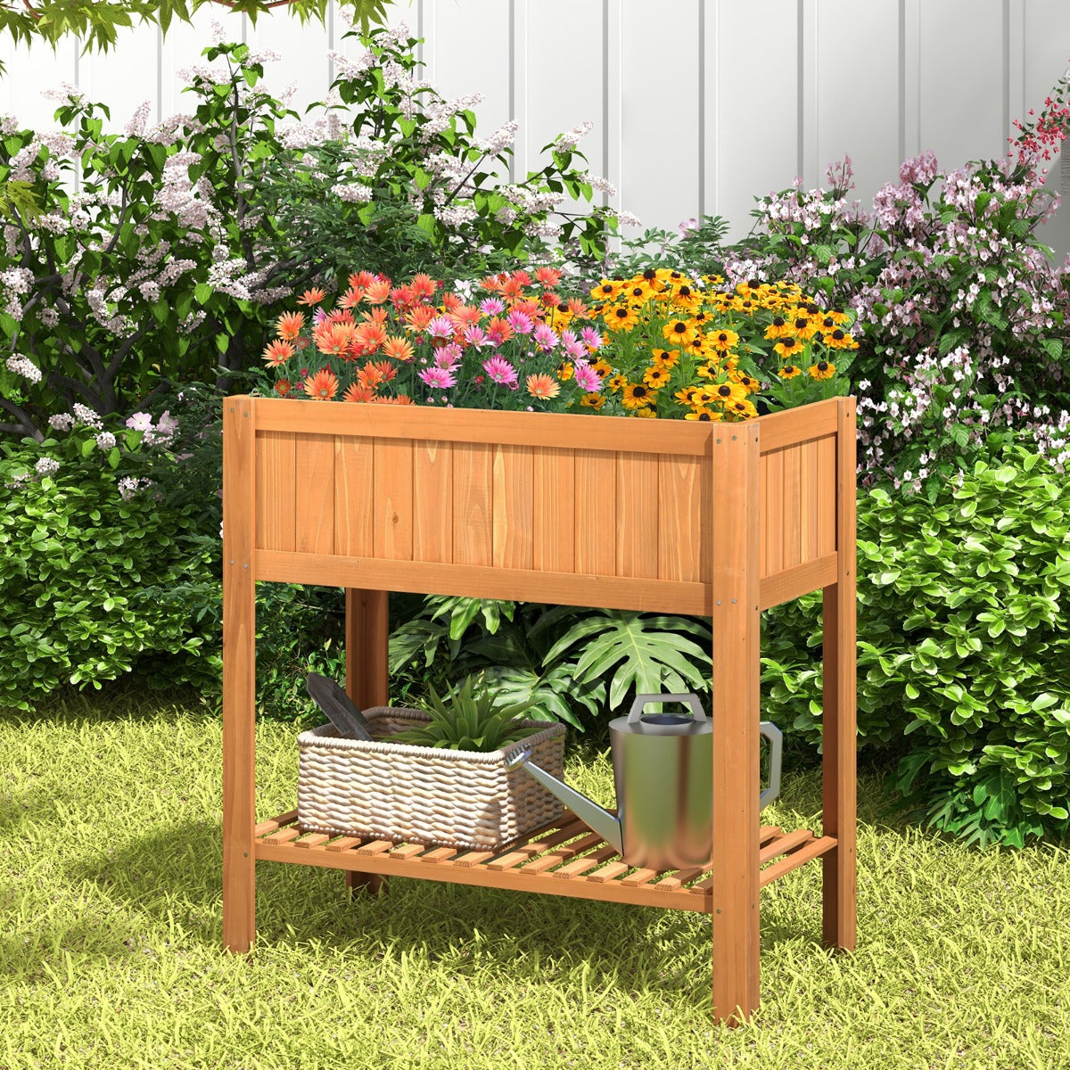 100 x 50 x 99 cm Raised Garden Bed with Storage Shelf for Backyard Garden-Brown