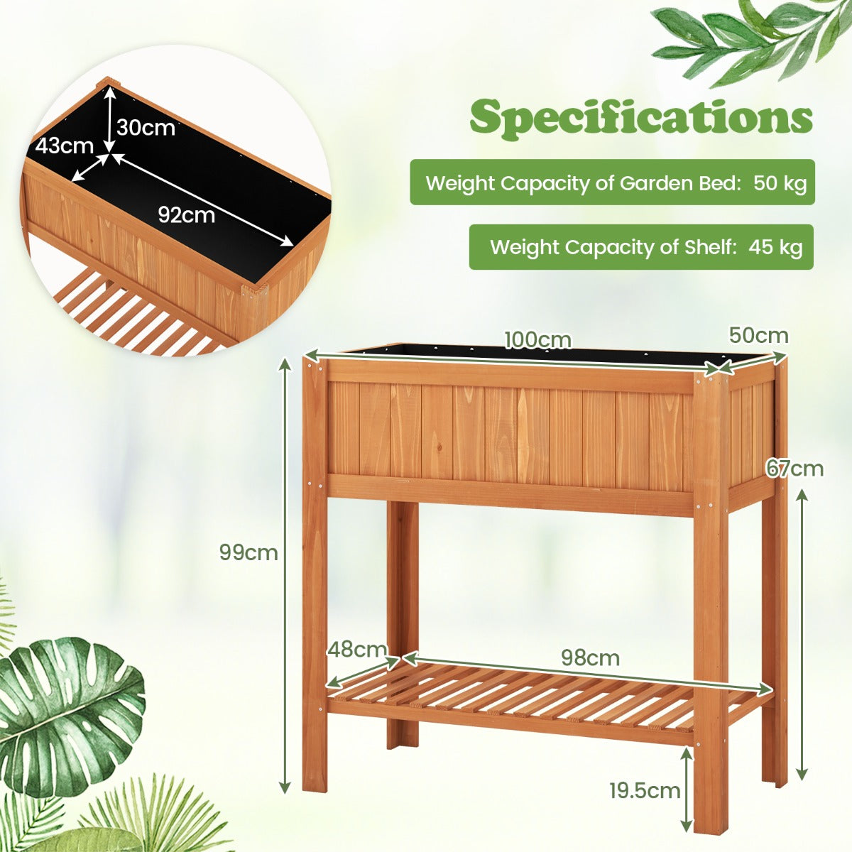 100 x 50 x 99 cm Raised Garden Bed with Storage Shelf for Backyard Garden-Brown