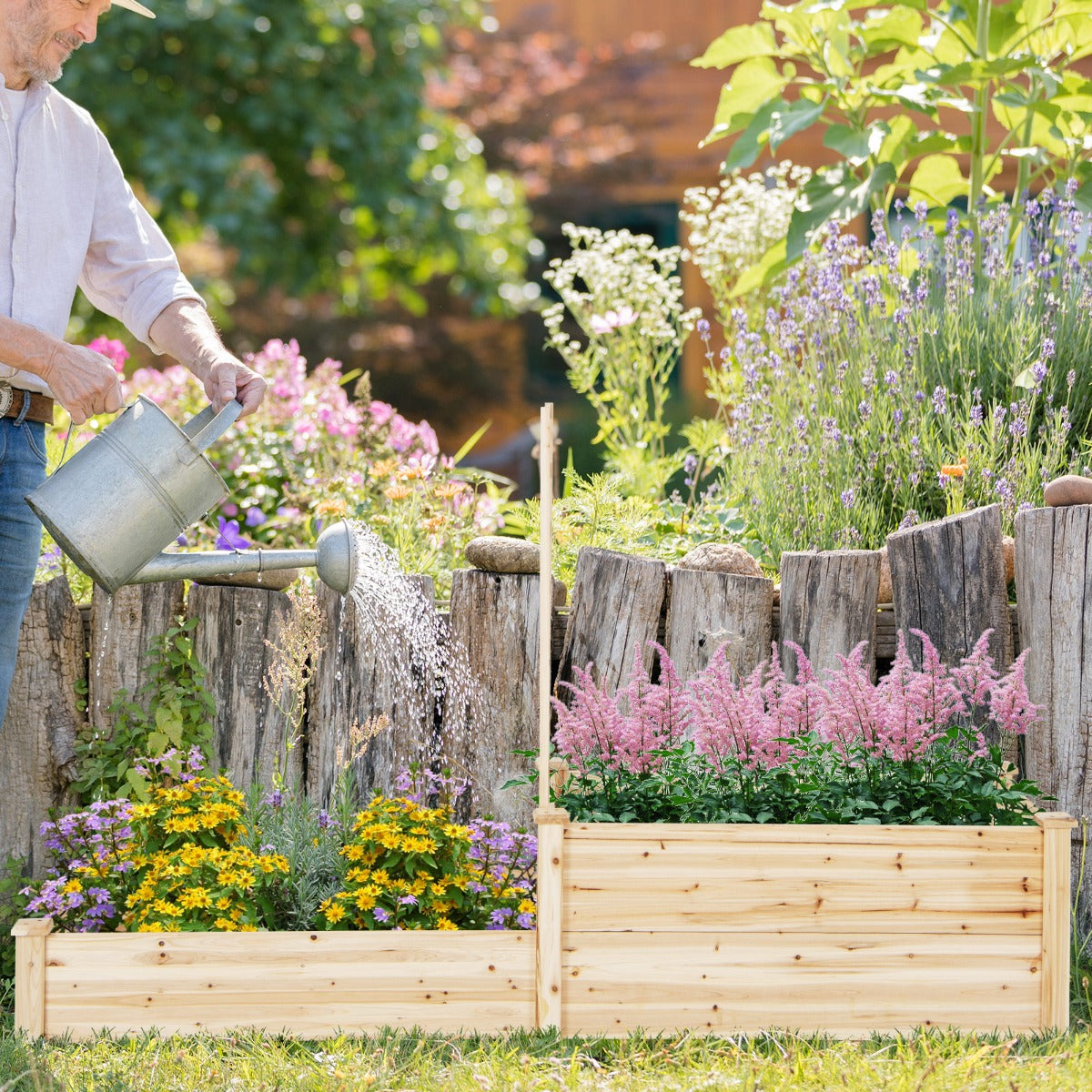 Unpainted fir wood planter has natural grain that can be painted to match garden décor