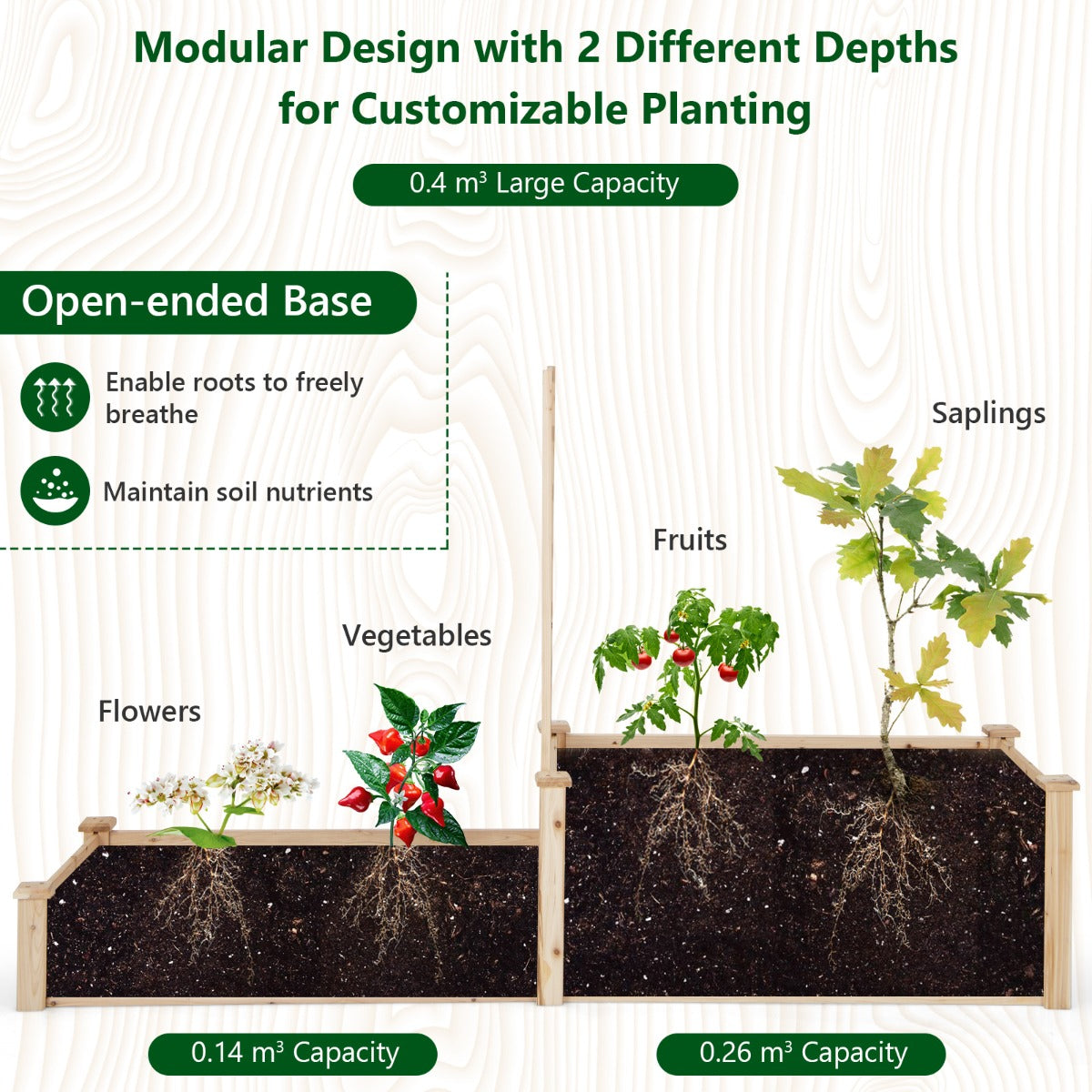 Two-tier planter box provides separate depths for flowers, vegetables, herbs and saplings