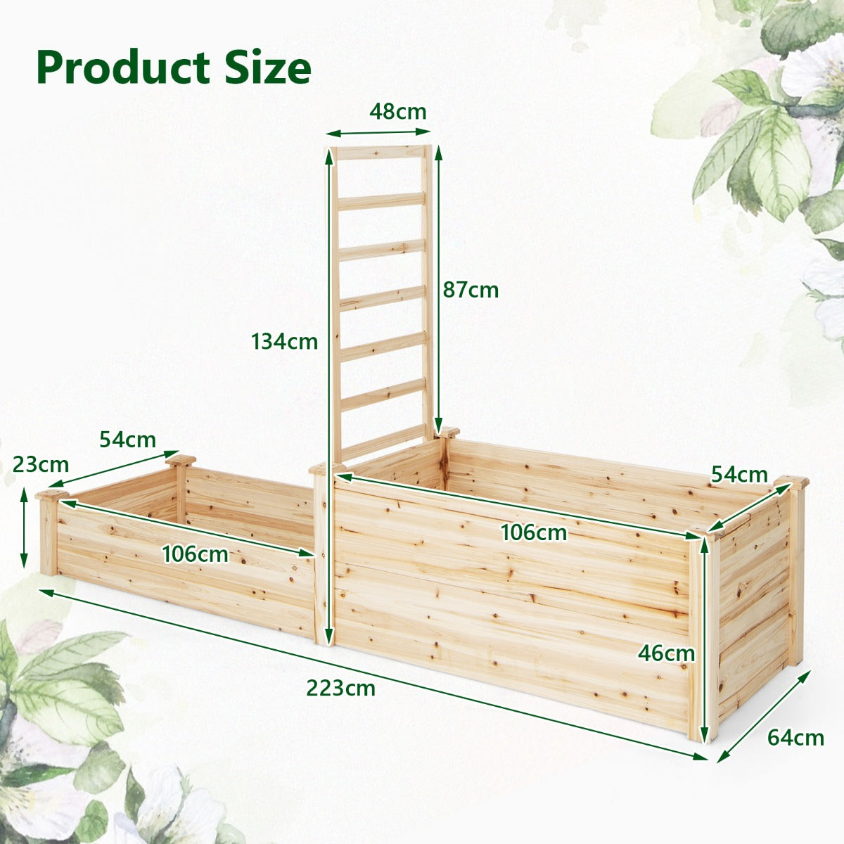 Raised garden bed with detachable trellis and two planter boxes at different growing heights
