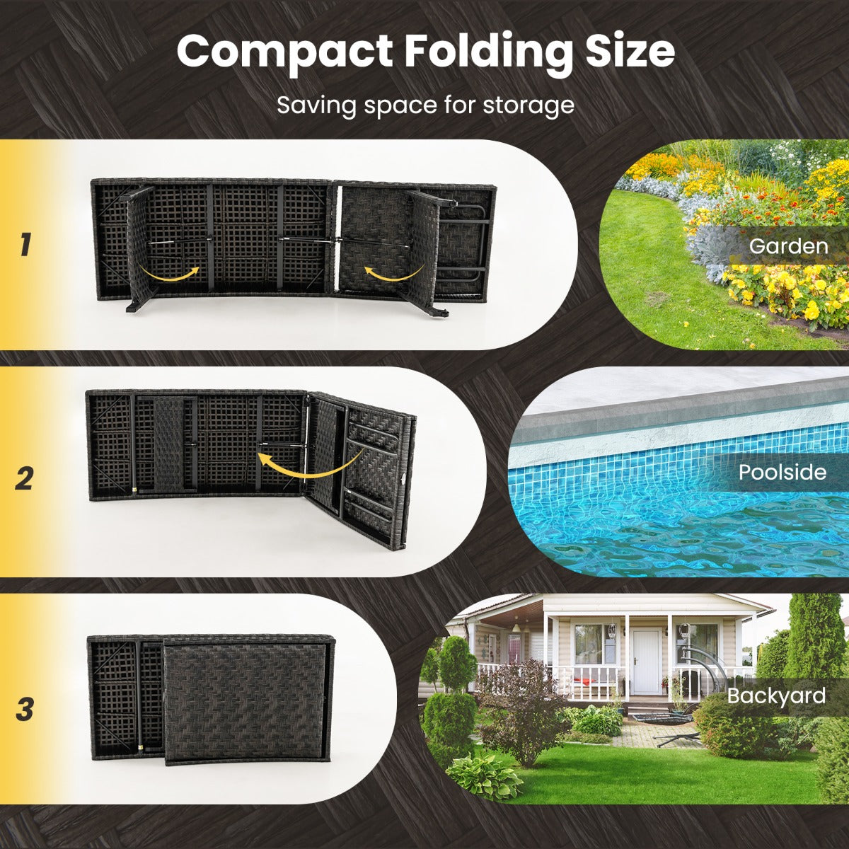 Foldable design reduces the chaise to a compact size for convenient space-saving storage