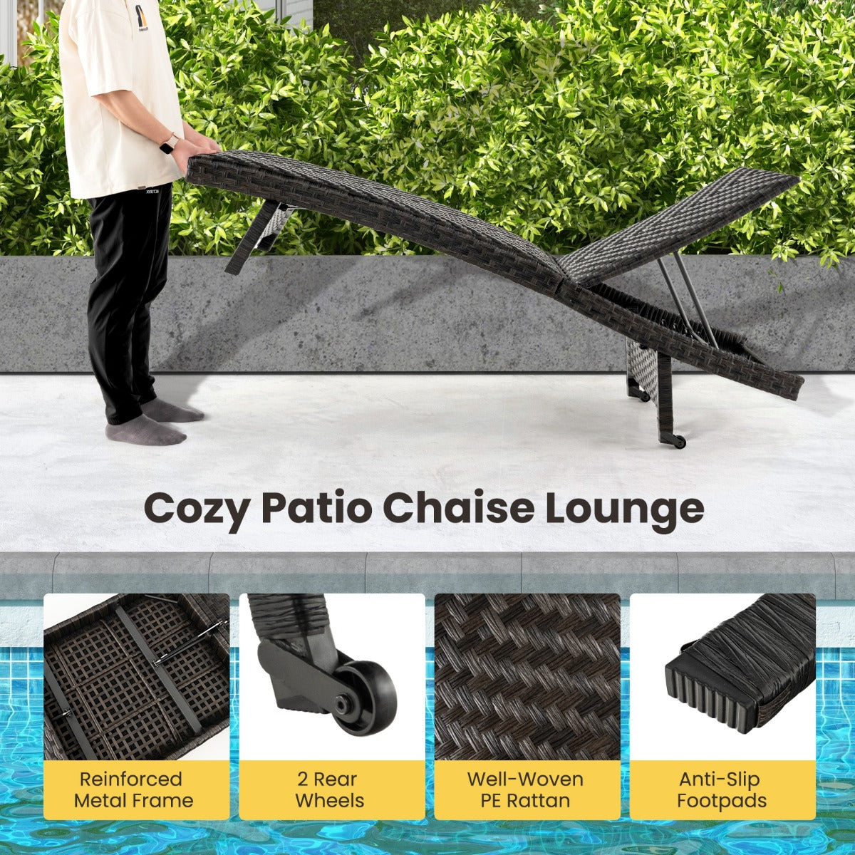 Two rear wheels make this outdoor recliner easy to move around patios and poolside areas