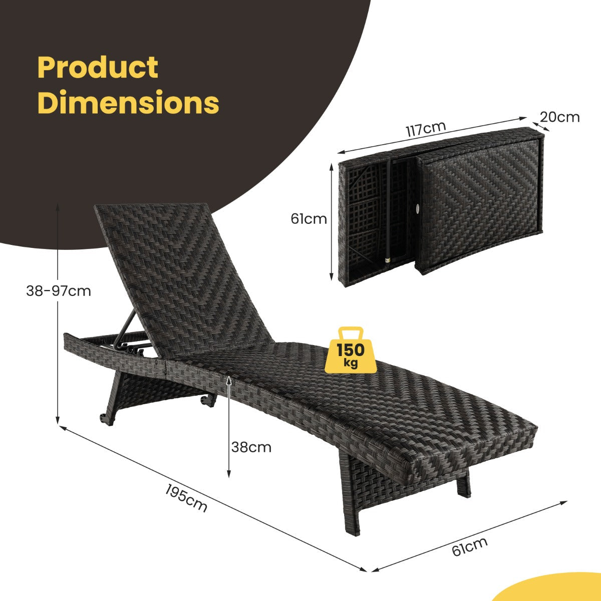 Folding brown PE rattan chaise lounge with padded seat and five-position backrest