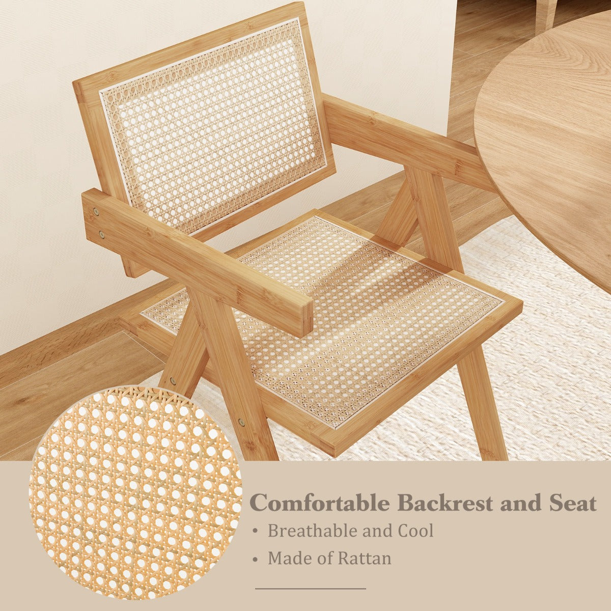Rattan Dining Chair with Sturdy Bamboo Frame-Natural