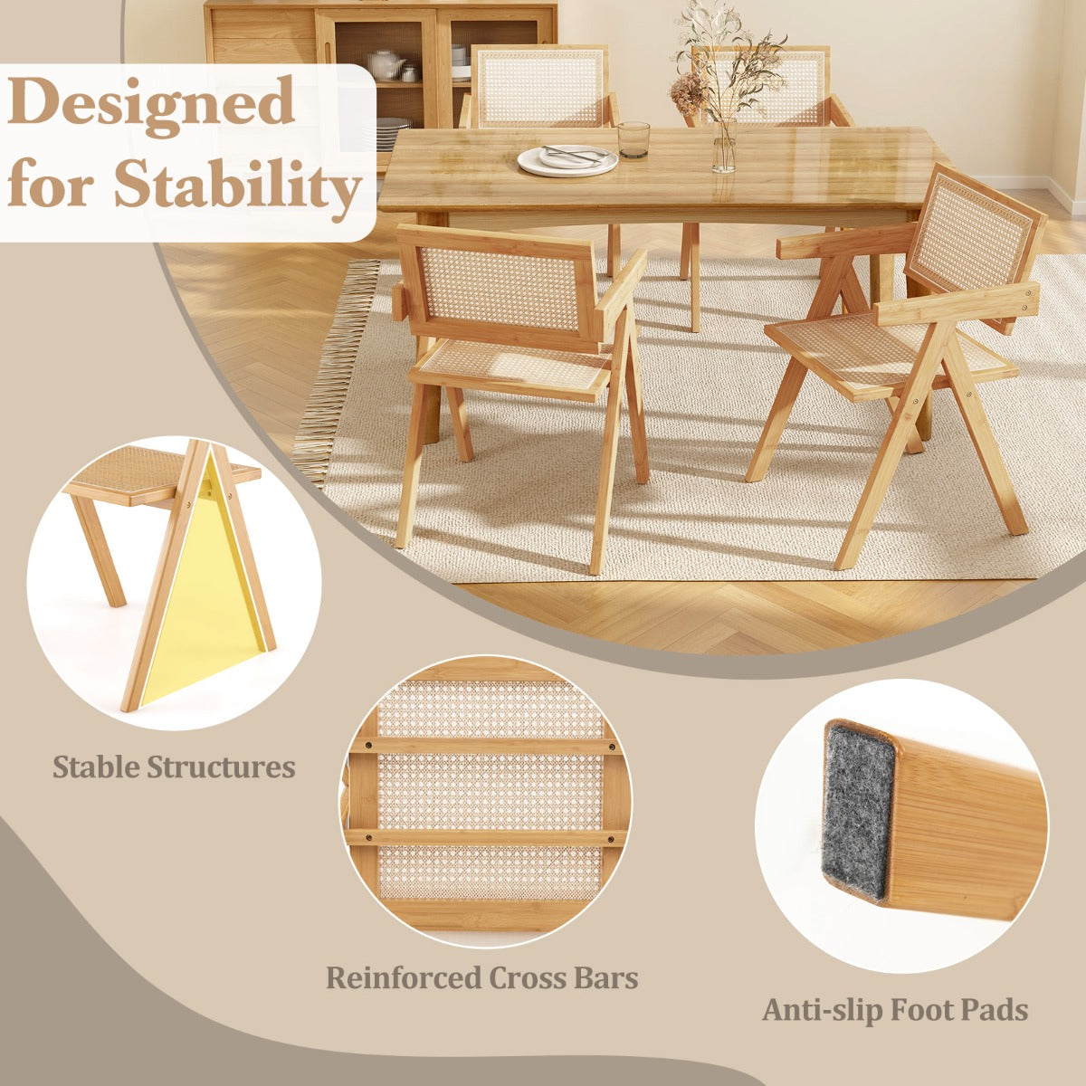 Rattan Dining Chair with Sturdy Bamboo Frame-Natural