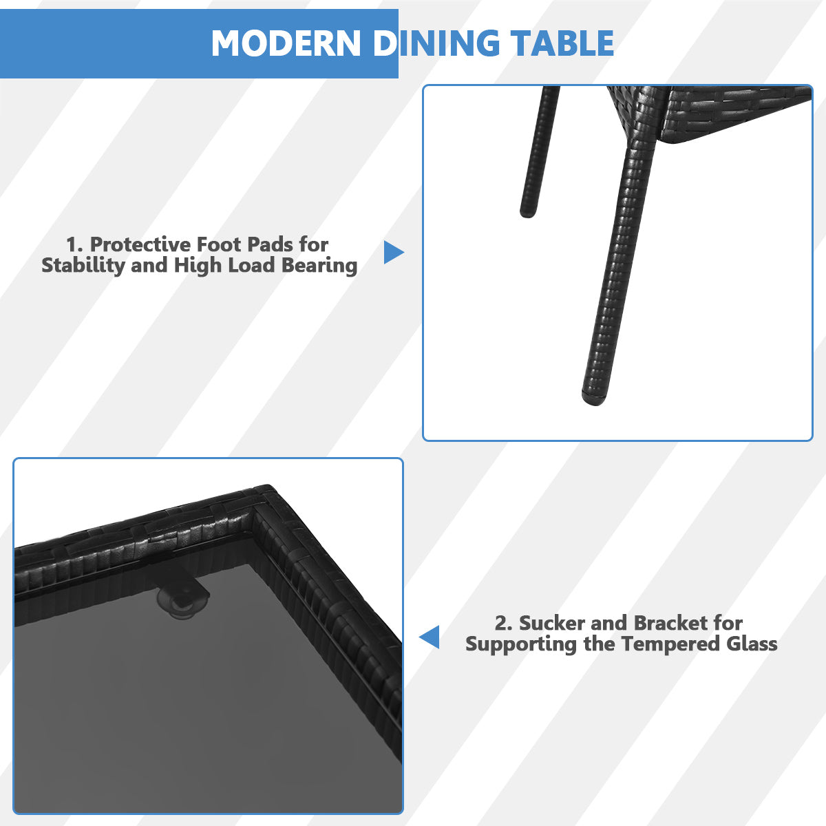 Strong chairs support up to 180 kg while the tempered glass table supports up to 80 kg