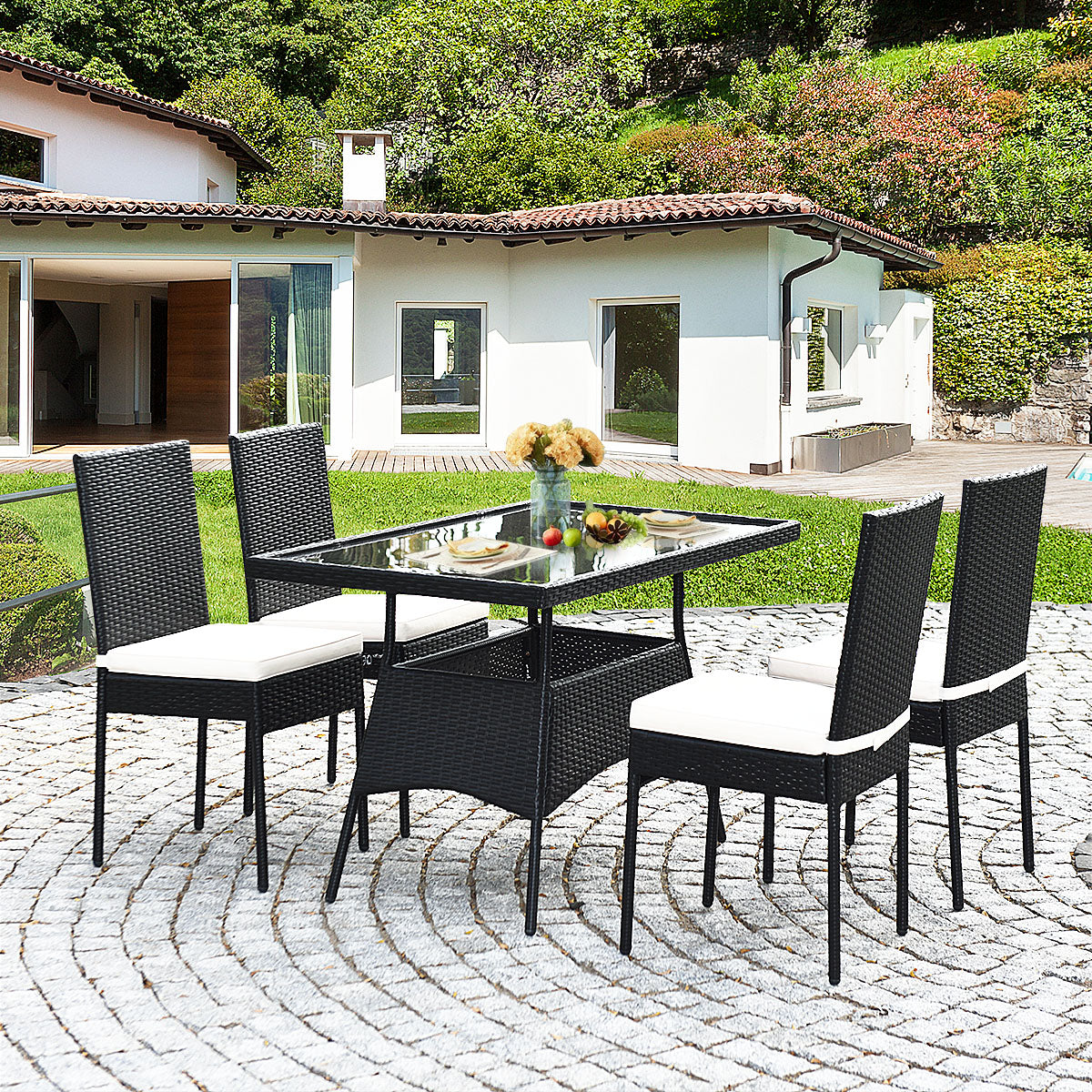 Soft cushioned chairs create comfortable seating for family dinners, parties, and outdoor relaxation