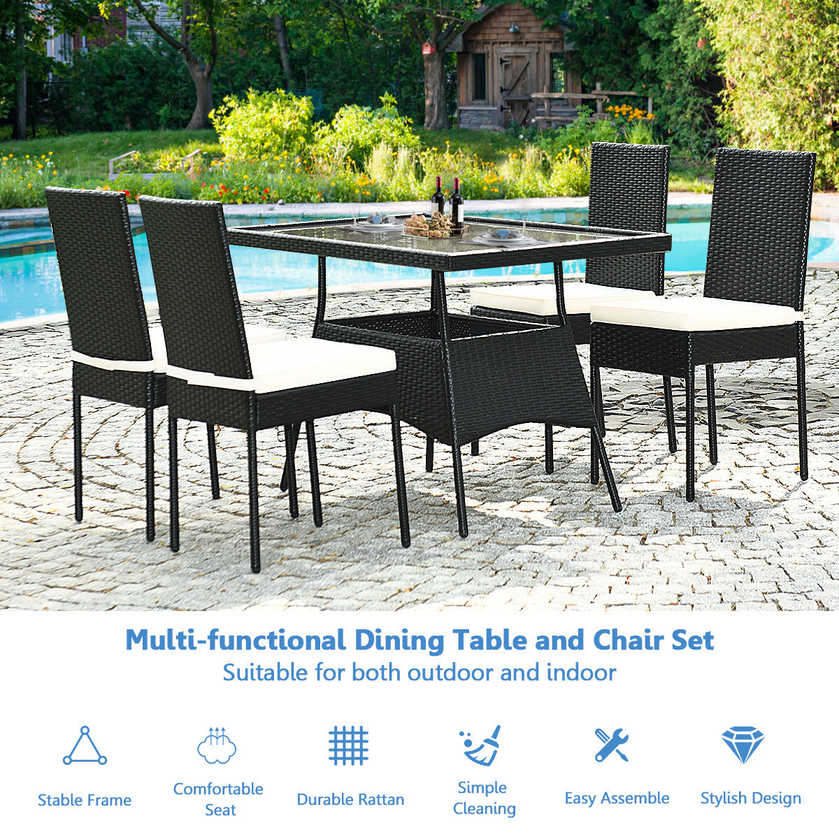 Tempered glass tabletop offers a smooth, spacious surface that is easy to wipe clean after meals