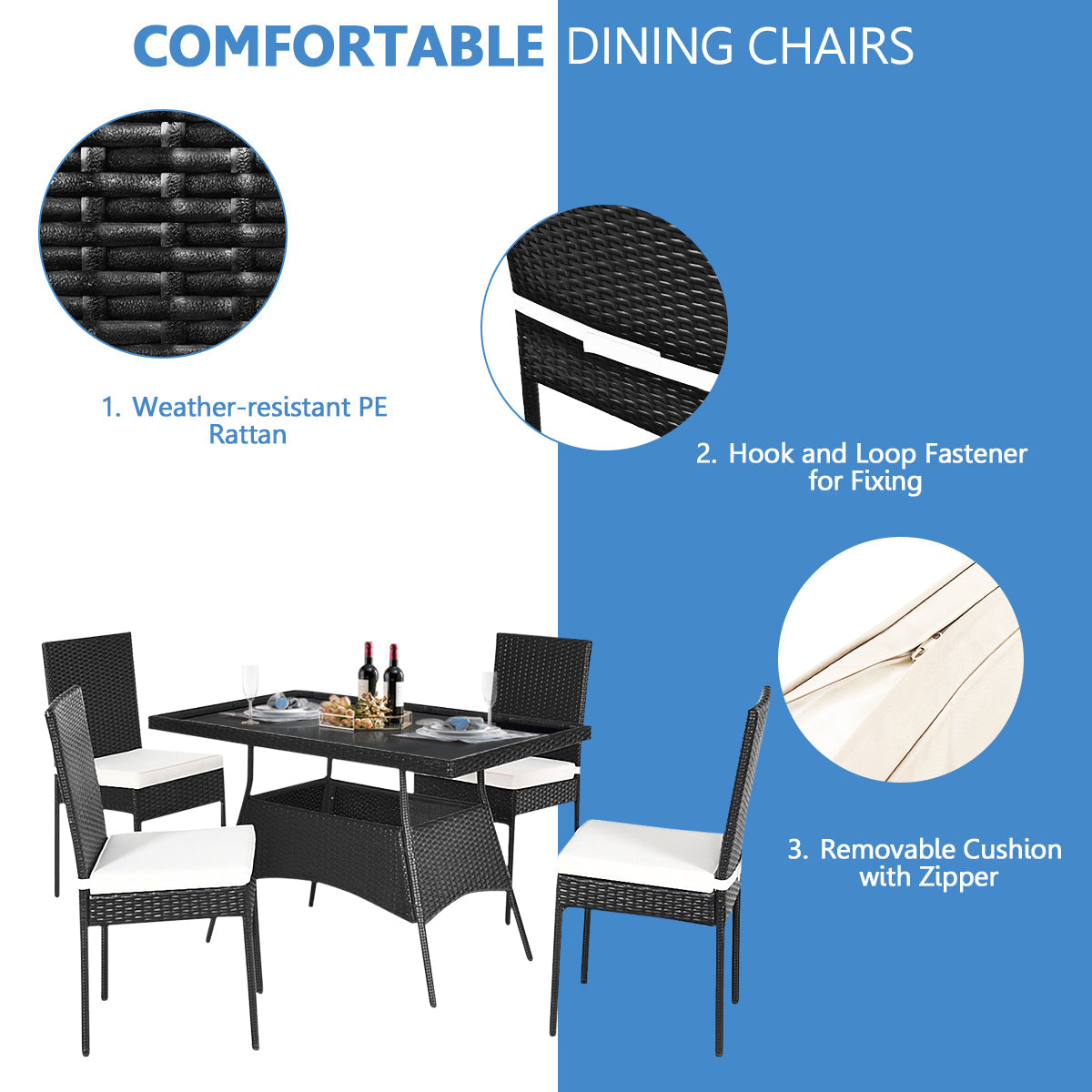 Modern black patio dining set suits gardens, patios, poolside areas, porches, and dining rooms