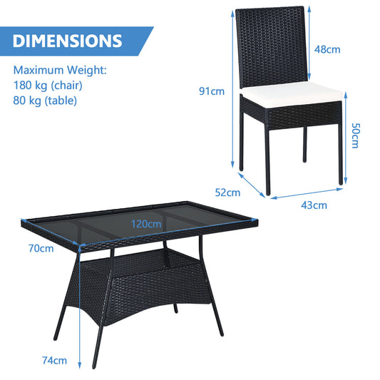 Five-piece rattan dining set includes one glass-top table, four chairs, and soft removable cushions