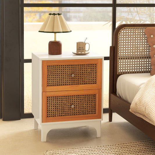 Costway Rattan Nightstand with 2 Drawers for Bedroom and Living Room