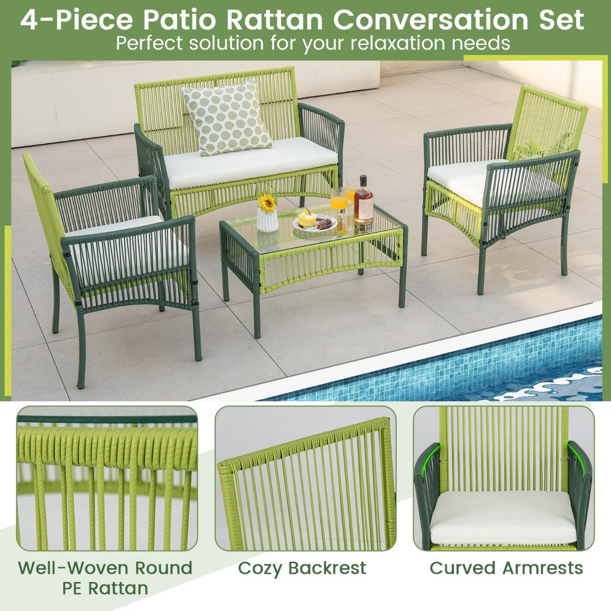 Green woven rattan design brings elegant style and a natural accent to outdoor spaces