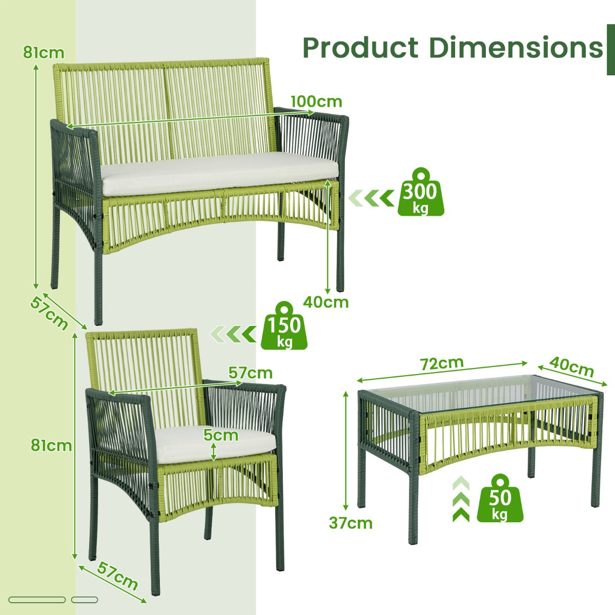 Four-piece green rattan patio conversation set includes a loveseat, two chairs, and a coffee table