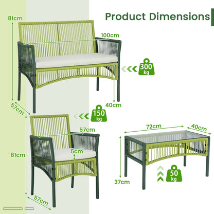Four-piece green rattan patio conversation set includes a loveseat, two chairs, and a coffee table