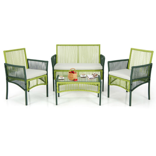 Costway 4 Piece Patio Round Wicker Conversation Set with Soft Cushions for Backyard