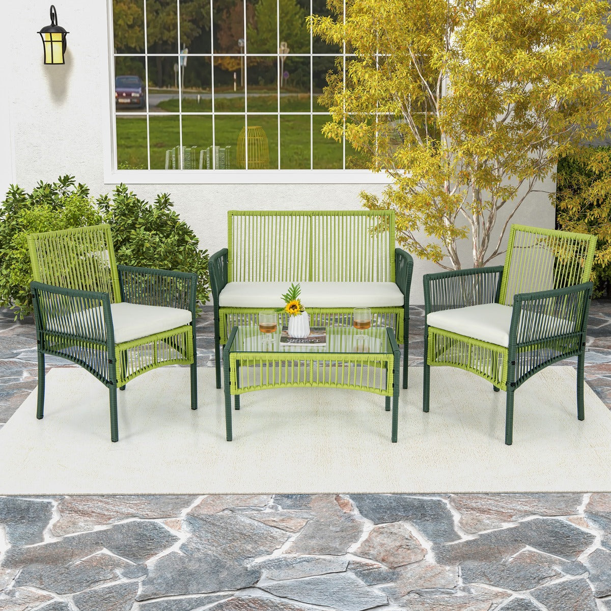 Tempered glass tabletop offers a stylish, spacious surface for drinks, snacks, and daily items