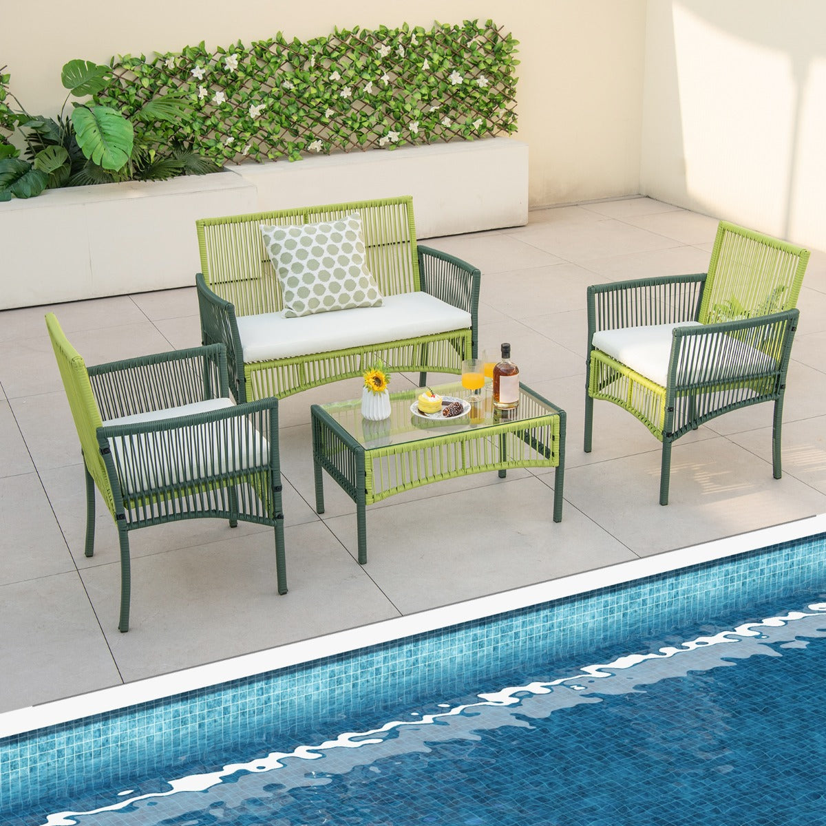 Curved armrests and high backrests provide ergonomic comfort during extended outdoor seating