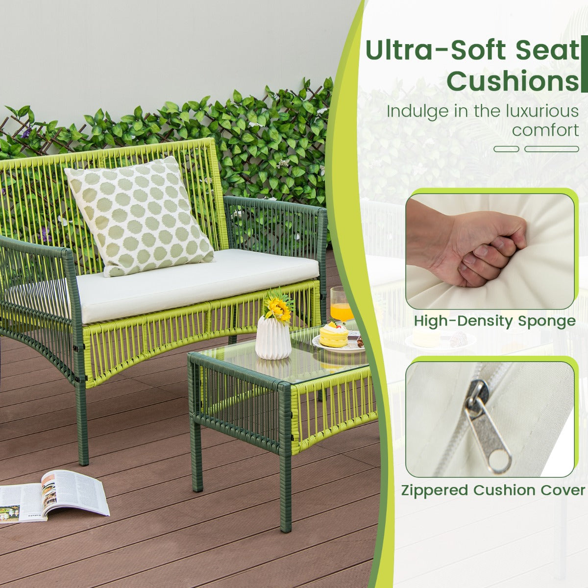 Zippered cushion covers are removable for convenient cleaning and simple maintenance