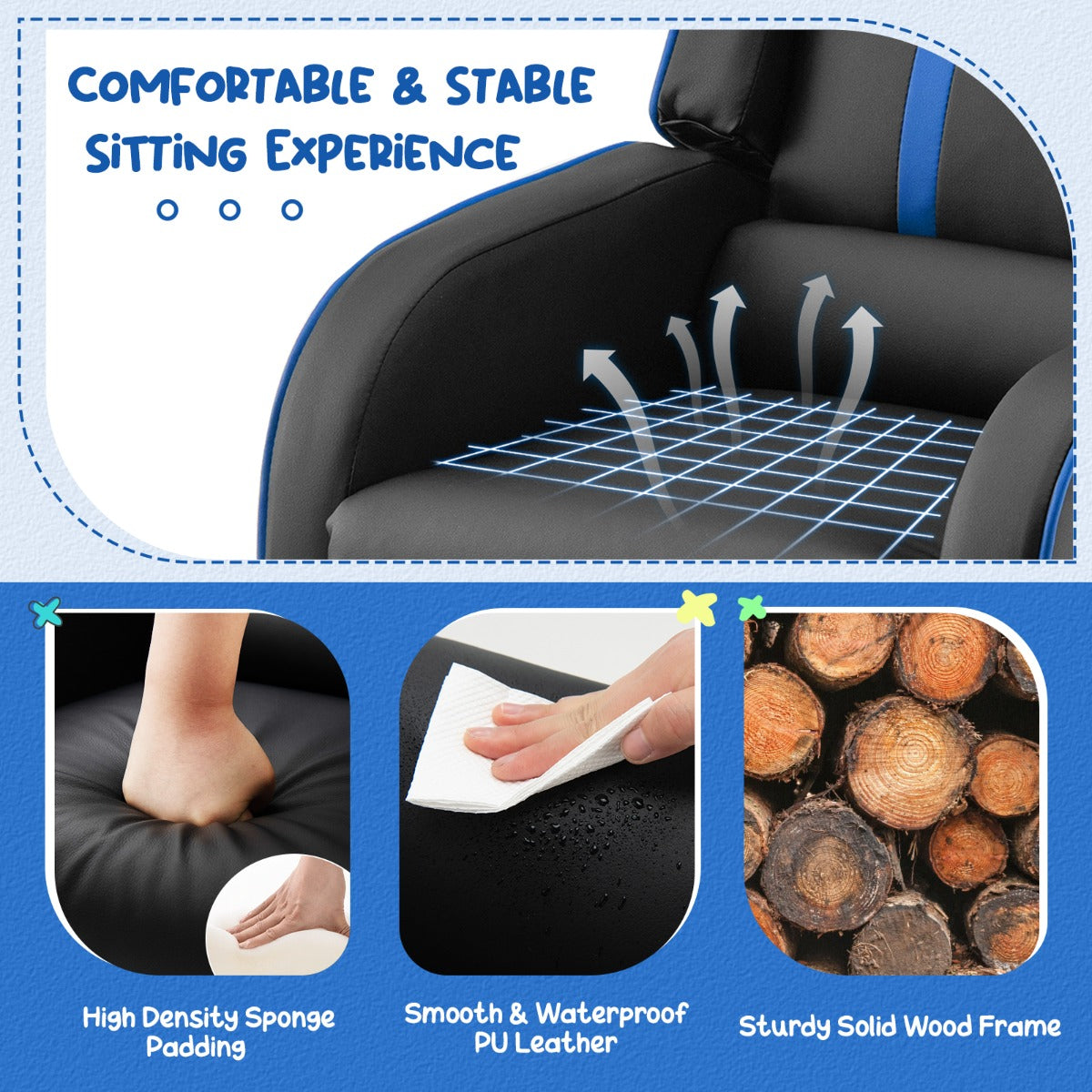Child-safe recliner features rounded edges, four anti-slip feet and no sharp corners or burrs
