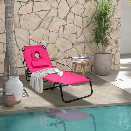Costway Reclining Beach Chair with Detachable Pillows for Outdoor-Pink