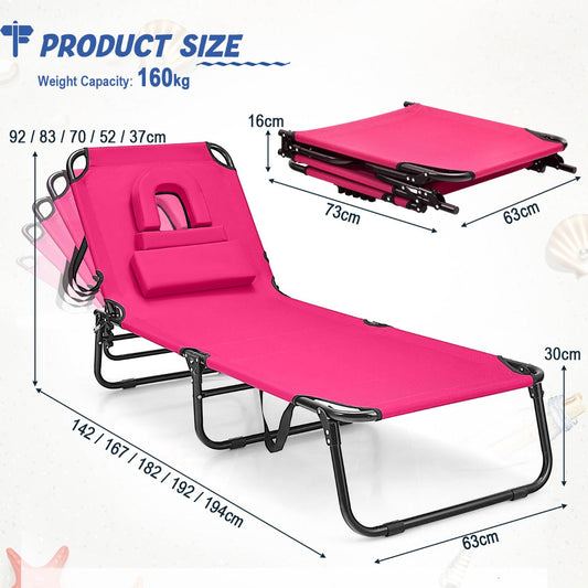 Portable face-down tanning chair with five-position backrest, folding leg, and padded pillows