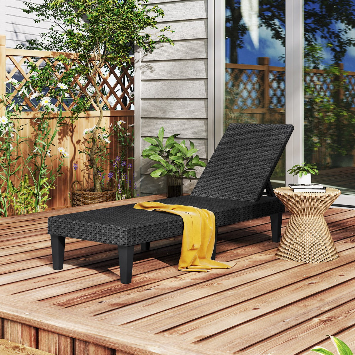 3-Position Reclining Chair with Waterproof Rattan Textured PP Surface-Black