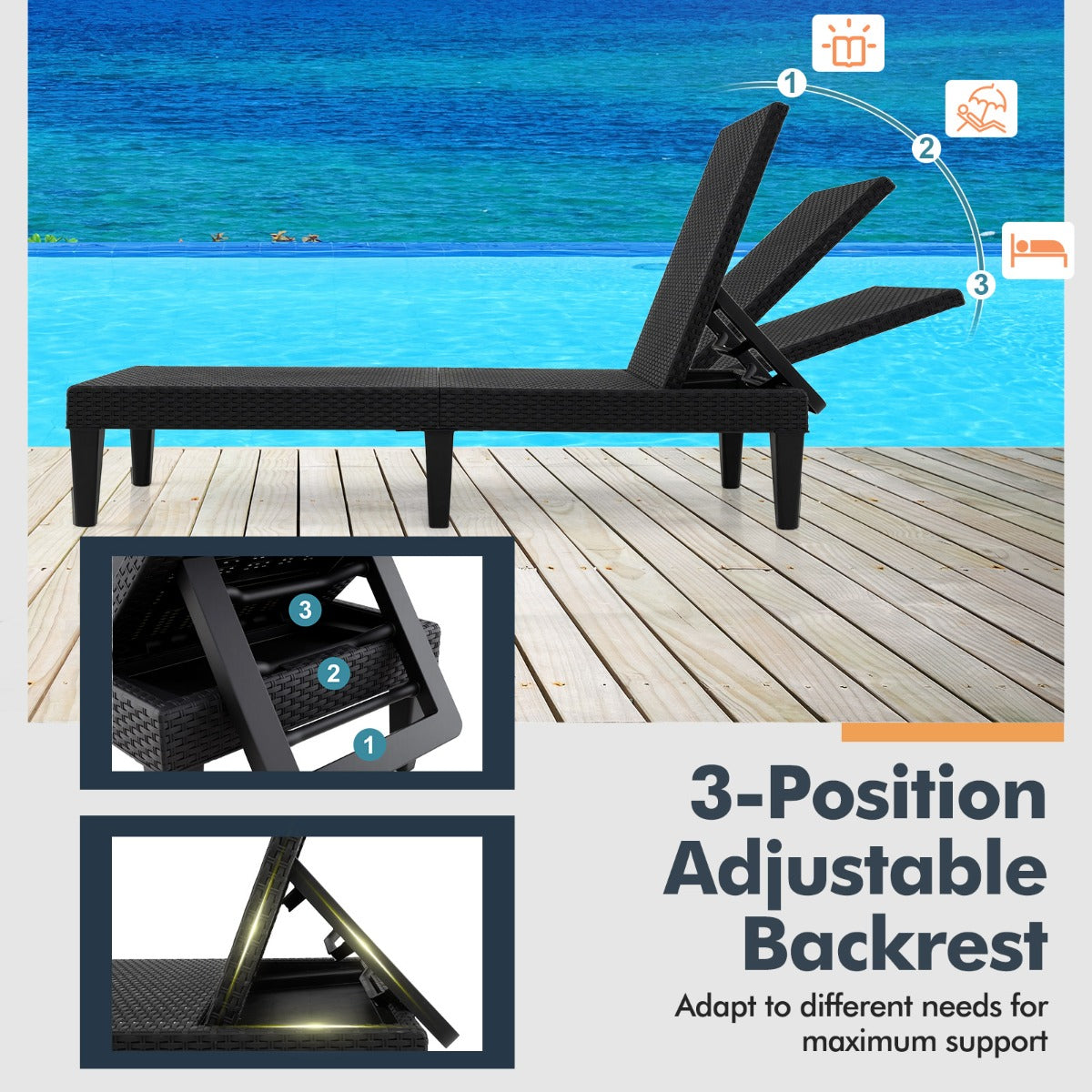 3-Position Reclining Chair with Waterproof Rattan Textured PP Surface-Black