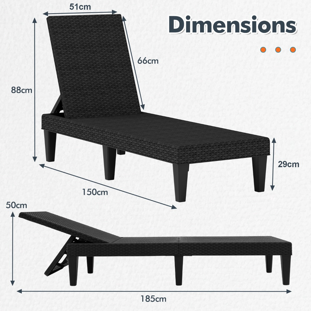 3-Position Reclining Chair with Waterproof Rattan Textured PP Surface-Black