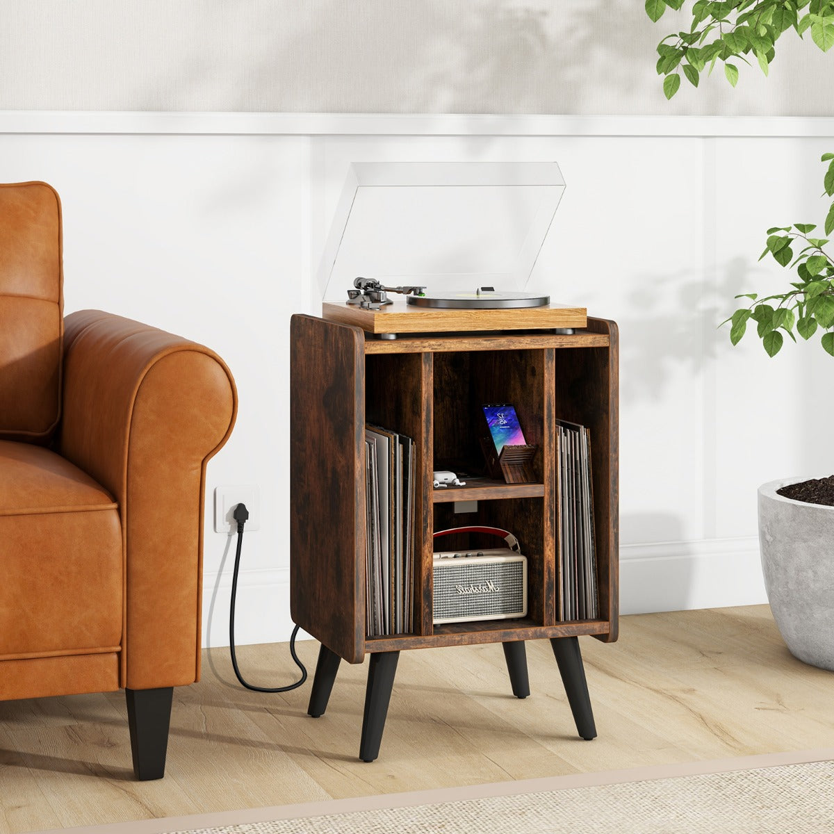 Vinyl Record Storage Turntable Stand with 4 Open Shelves-Brown