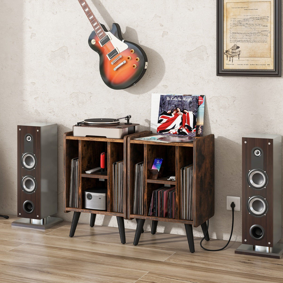 Vinyl Record Storage Turntable Stand with 4 Open Shelves-Brown